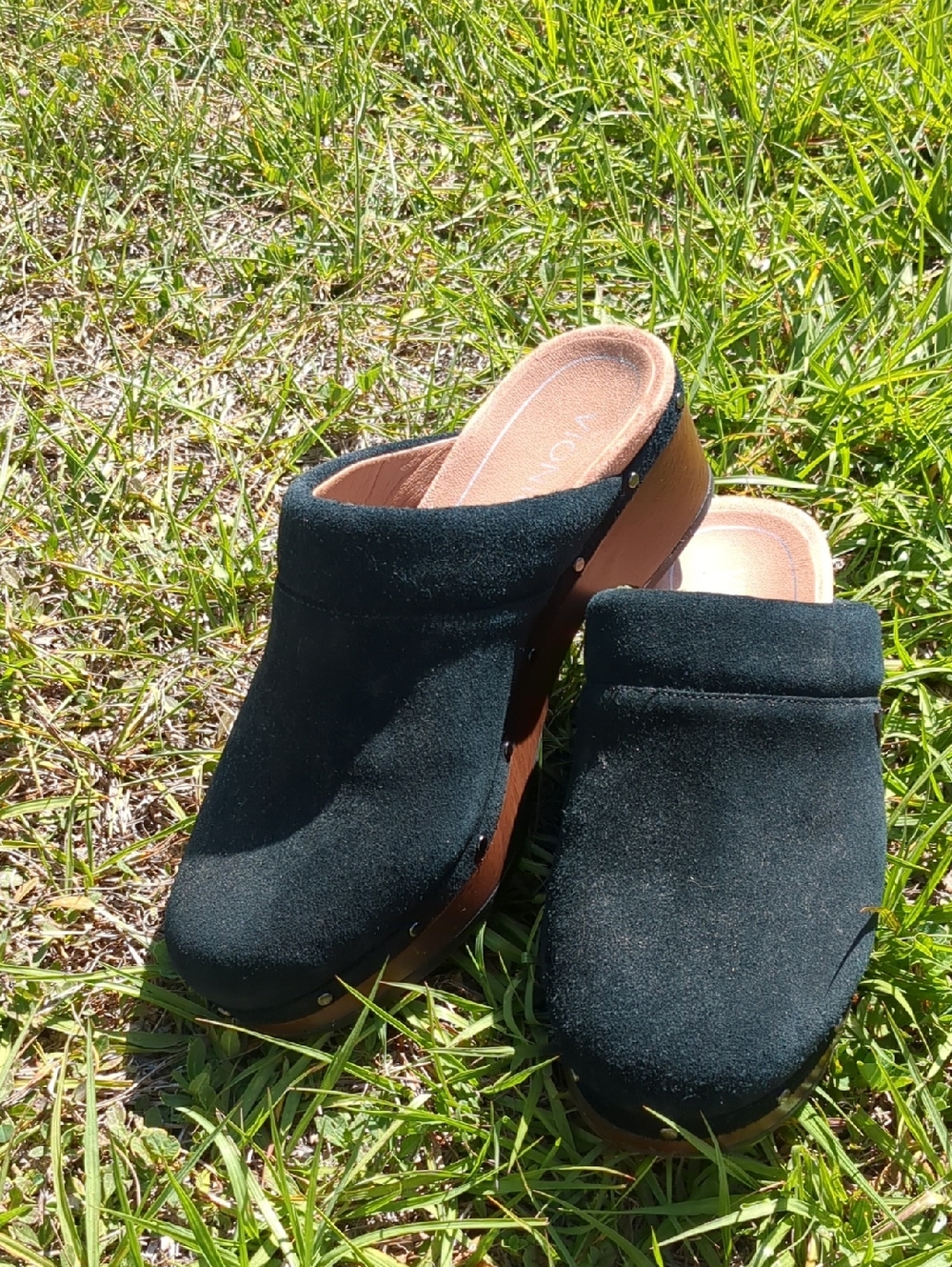 Vionic Black Suede Clog Mules with Wooden-Look Sole